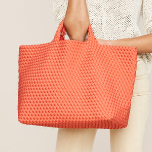 Woven Neoprene Tote Bag Styled on Model in Cream Outfit