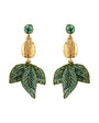 A pair of gold and green drop earrings featuring a round green crystal stud, a textured gold flower bud, and a dangling green embroidered leaf below, set against a plain white background.