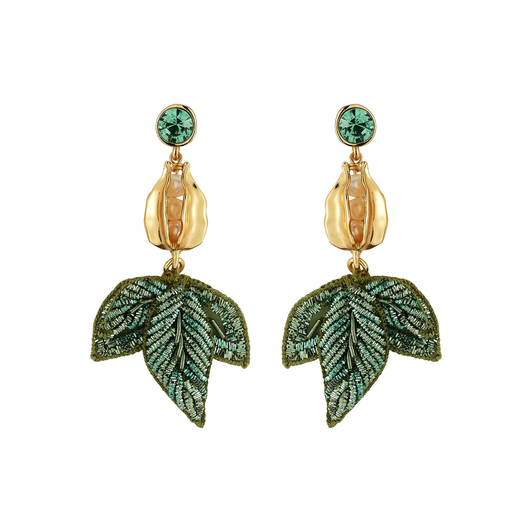 A pair of gold and green drop earrings featuring a round green crystal stud, a textured gold flower bud, and a dangling green embroidered leaf below, set against a plain white background.