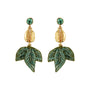 A pair of gold and green drop earrings featuring a round green crystal stud, a textured gold flower bud, and a dangling green embroidered leaf below, set against a plain white background.