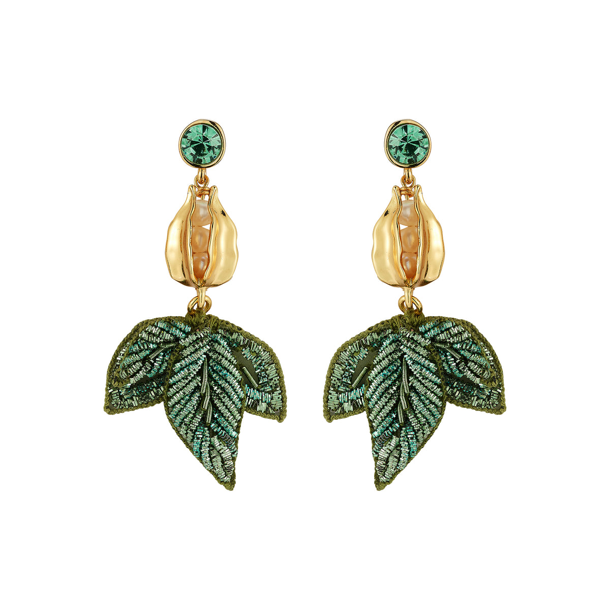 A pair of gold and green drop earrings featuring a round green crystal stud, a textured gold flower bud, and a dangling green embroidered leaf below, set against a plain white background.