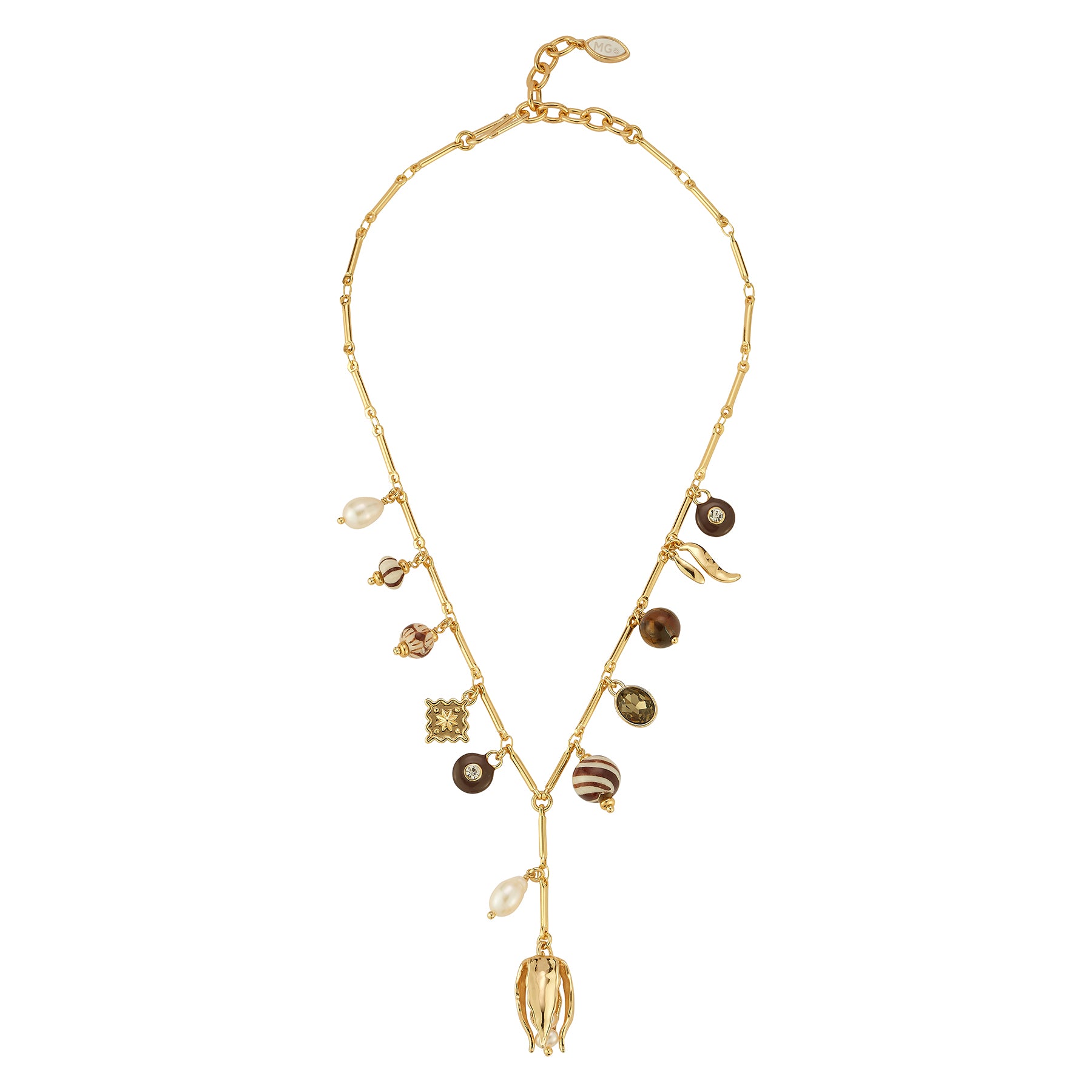 Gold charm necklace against a white background