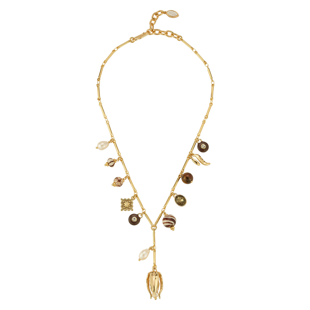 Gold charm necklace against a white background