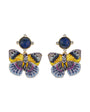 A pair of butterfly-shaped stud earrings with blue oval stones at the top and wings in yellow, purple, and blue enamel on a white background.