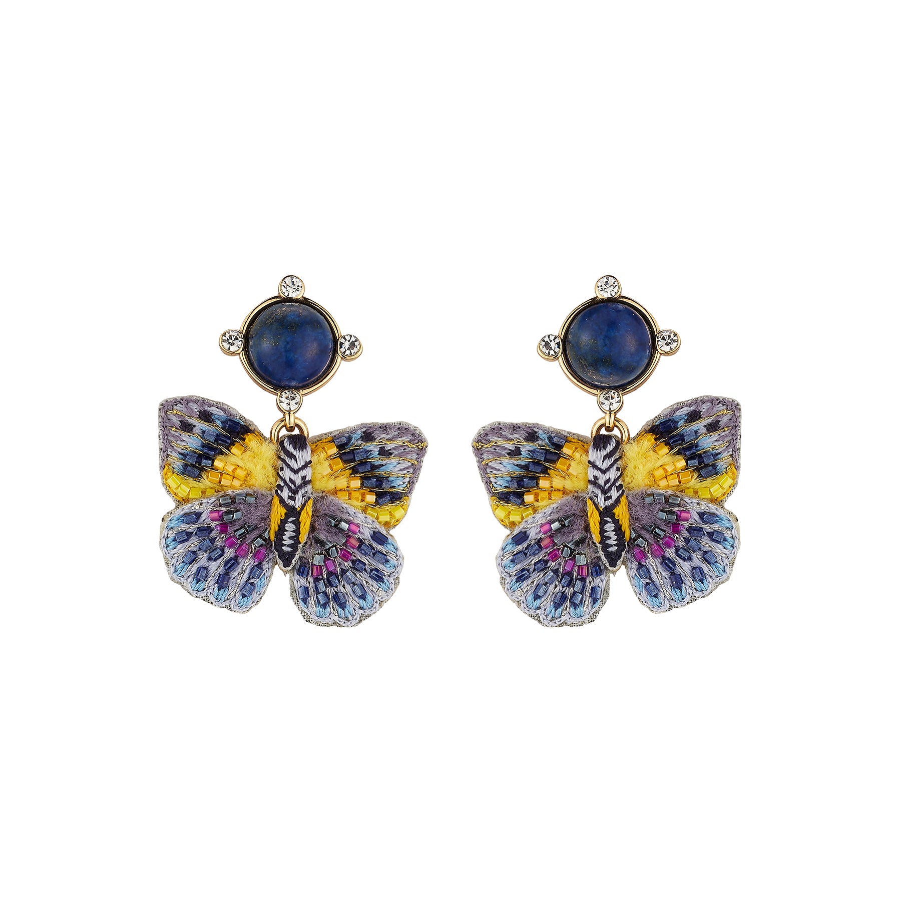 A pair of butterfly-shaped stud earrings with blue oval stones at the top and wings in yellow, purple, and blue enamel on a white background.