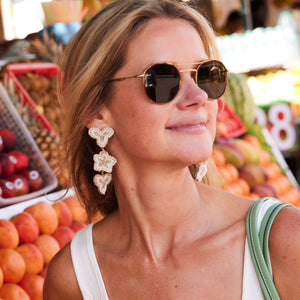 Cream Beaded Flower Drop Earrings on Maggie at Fruit Market with Sunglasses