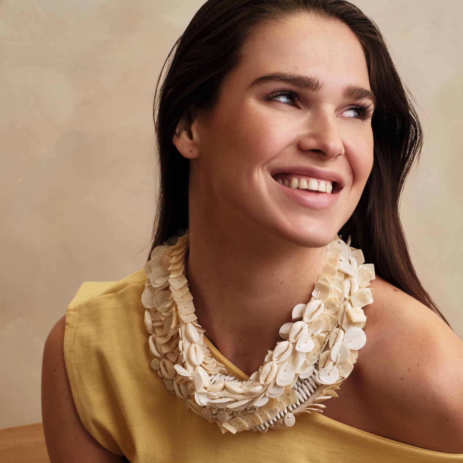 Ivory Shell and Bead Scarf Necklace Styled on Model