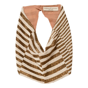 Cream and Bronze Beaded Fabric Scarf Necklace on Flat White Background