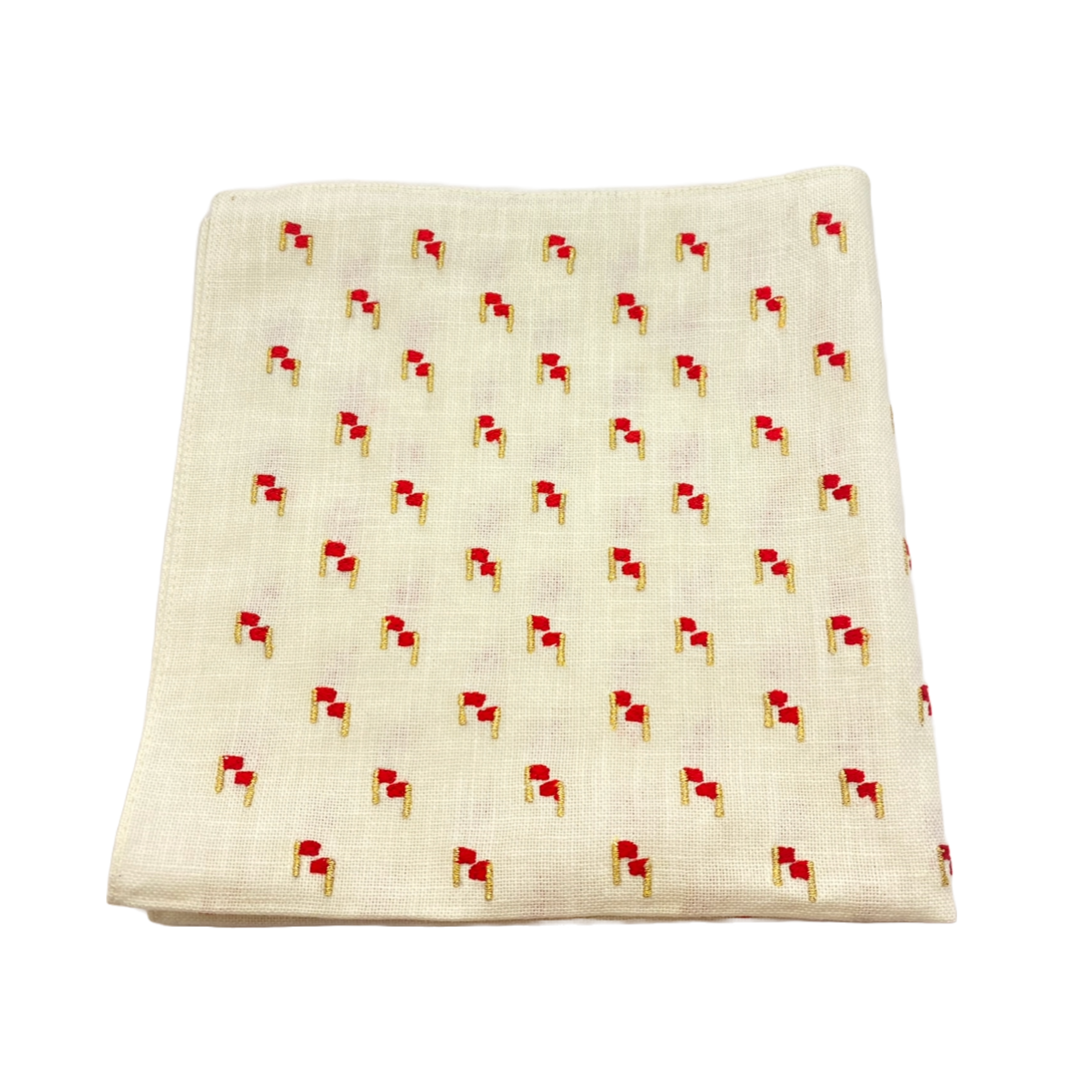 Cream Pocket Square with Red Flag Embroidery on Flat White Background