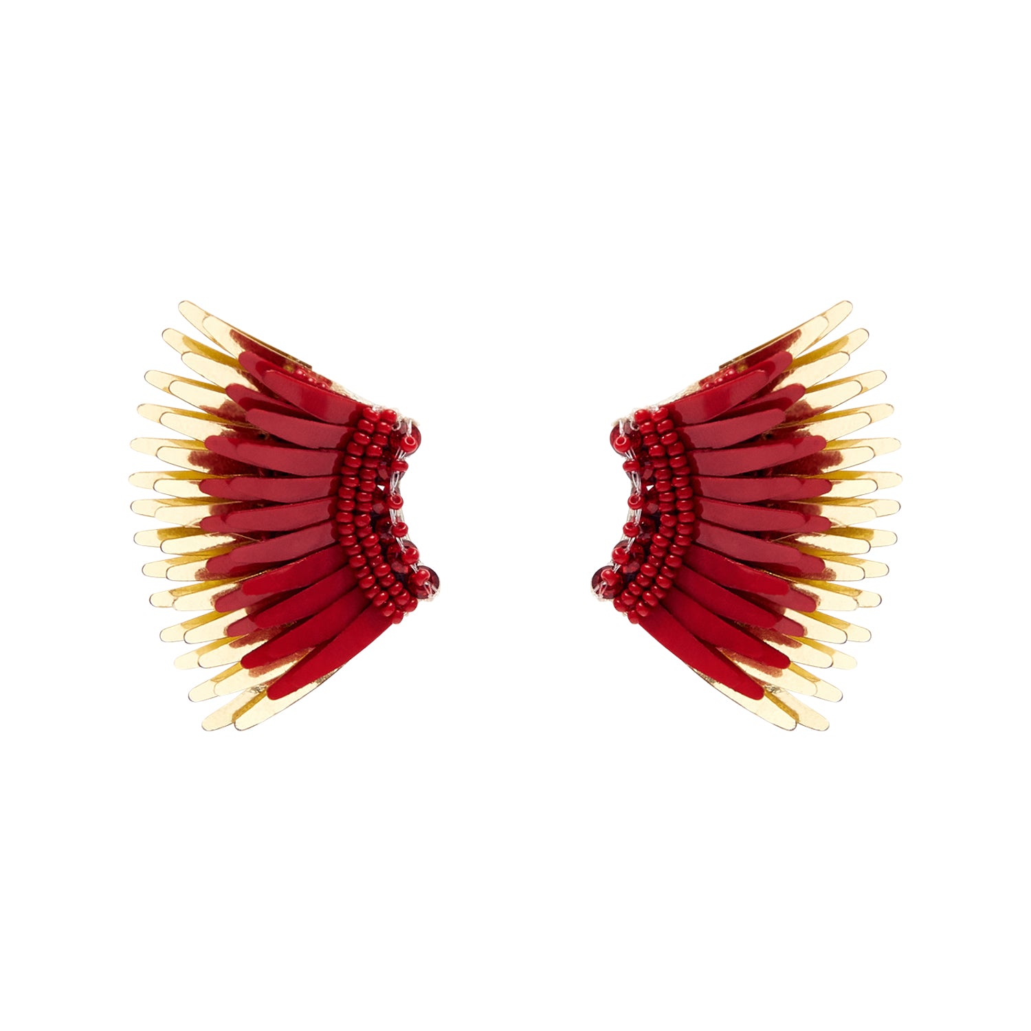 Crimson and Gold Sequin and Bead Wing Stud Earrings on Tan Background