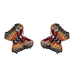 Embroidered Red, Orange, Black, and White Butterfly Stud Earrings on White Background