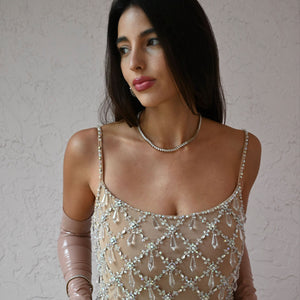 Crystal Tennis Necklace on Model in Sparkly Dress with Gloves