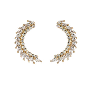 Gold and Clear Crystal Half Crescent Earrings on Flat White Background