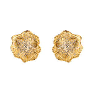 Gold and Crystal Flower Stud Earrings on White