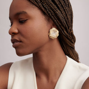 Gold and Crystal Flower Stud Earrings Styled on Model