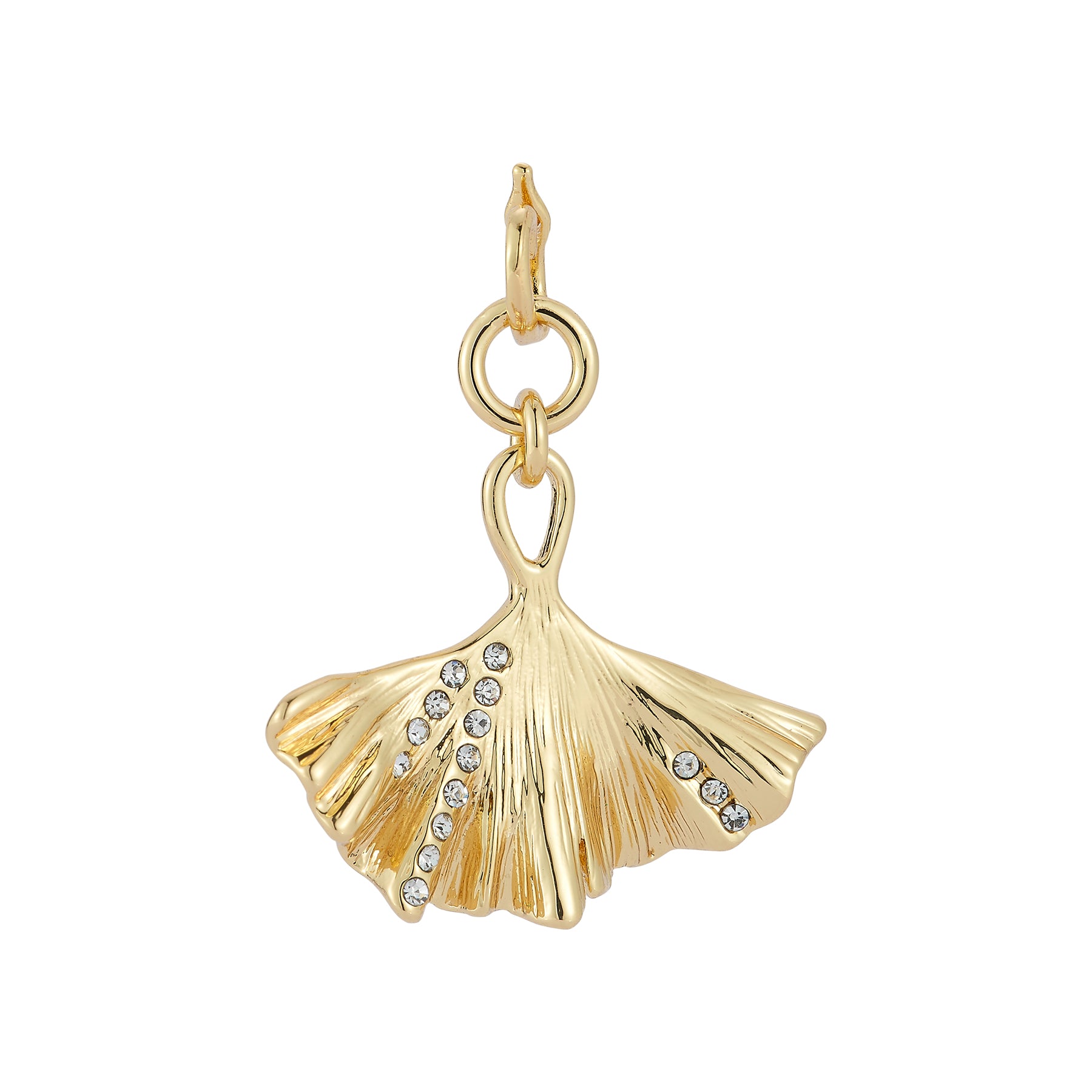 Gold and Crystal Ginkgo Leaf Charm on Flat White Background