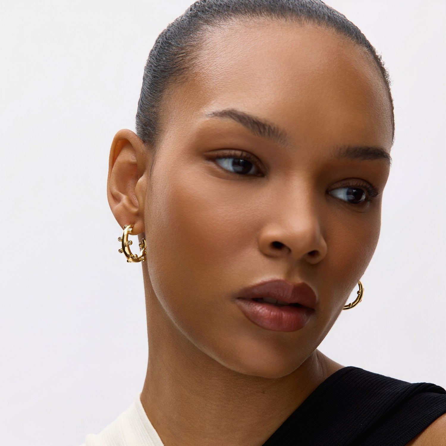 Crystal and Gold Hoop Earrings Styled on Model