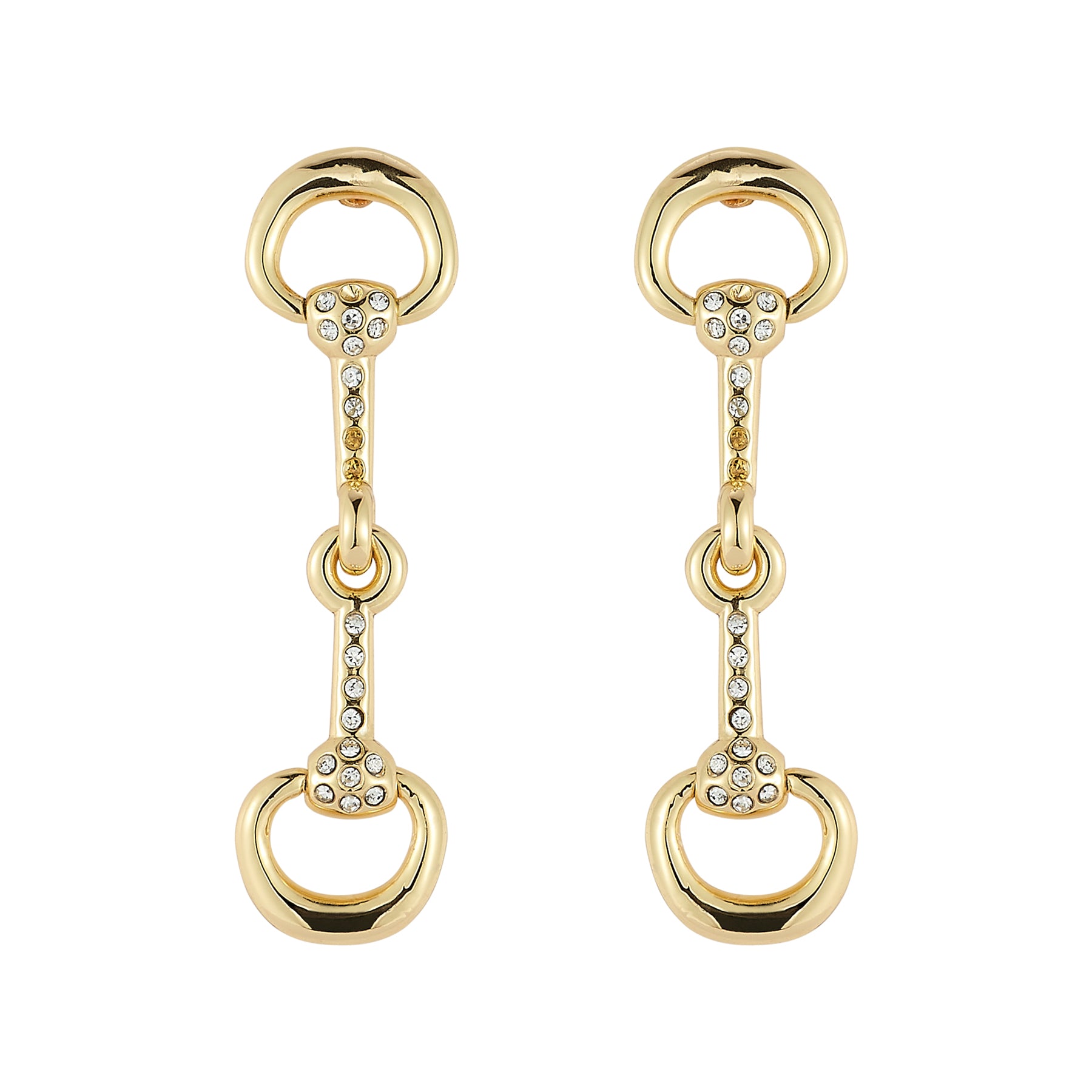 Gold and Crystal Horse Bit Drop Earrings on Flat White Background