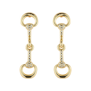 Gold and Crystal Horse Bit Drop Earrings on Flat White Background
