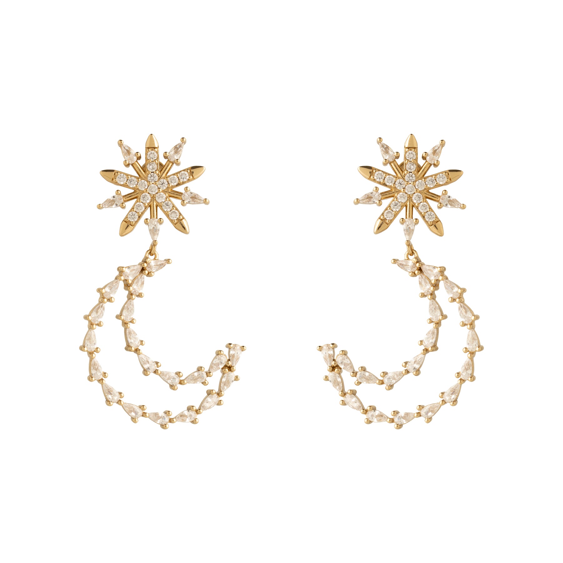 Crystal and Gold Moon Double Drop Earrings on Flat White Background