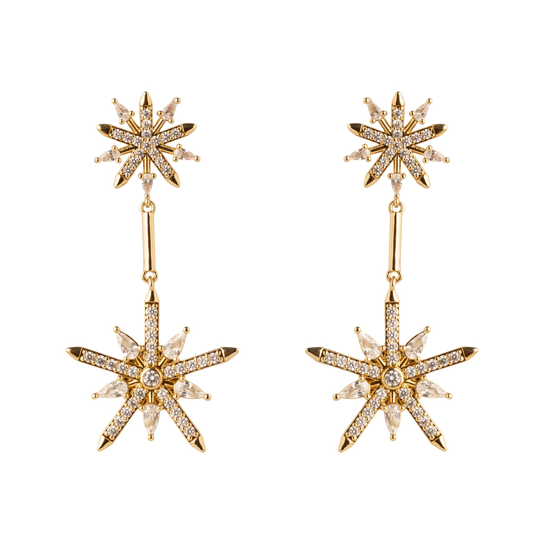 Gold and Clear Crystal Star Double Drop Earrings on Flat White Background