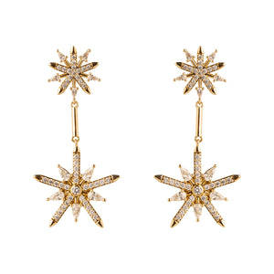 Gold and Clear Crystal Star Double Drop Earrings on Flat White Background