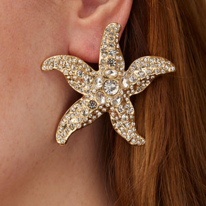 Crystal and Gold Starfish Stud Earrings Styled On Model's Ear