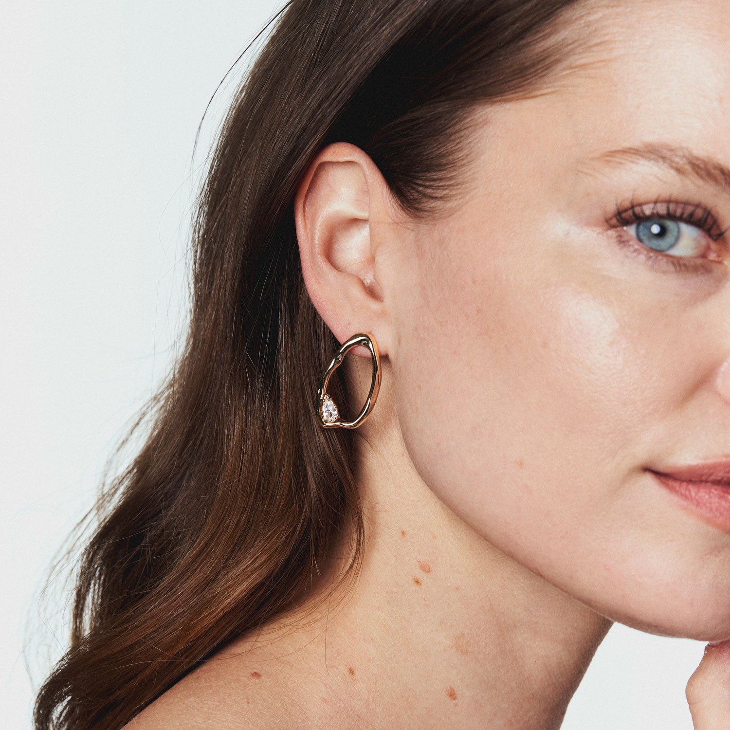 Crystal and Gold Stud Earrings Styled on Model