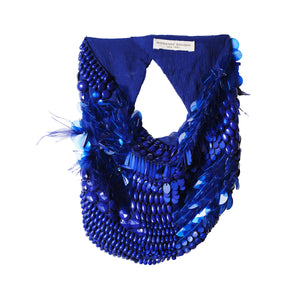 Dark Blue Beaded Scarf Necklace on Flat White Background