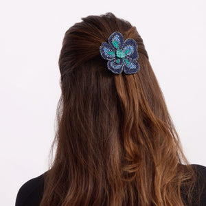 Blue and Teal Beaded Flower Barrette Styled in Model's Hair