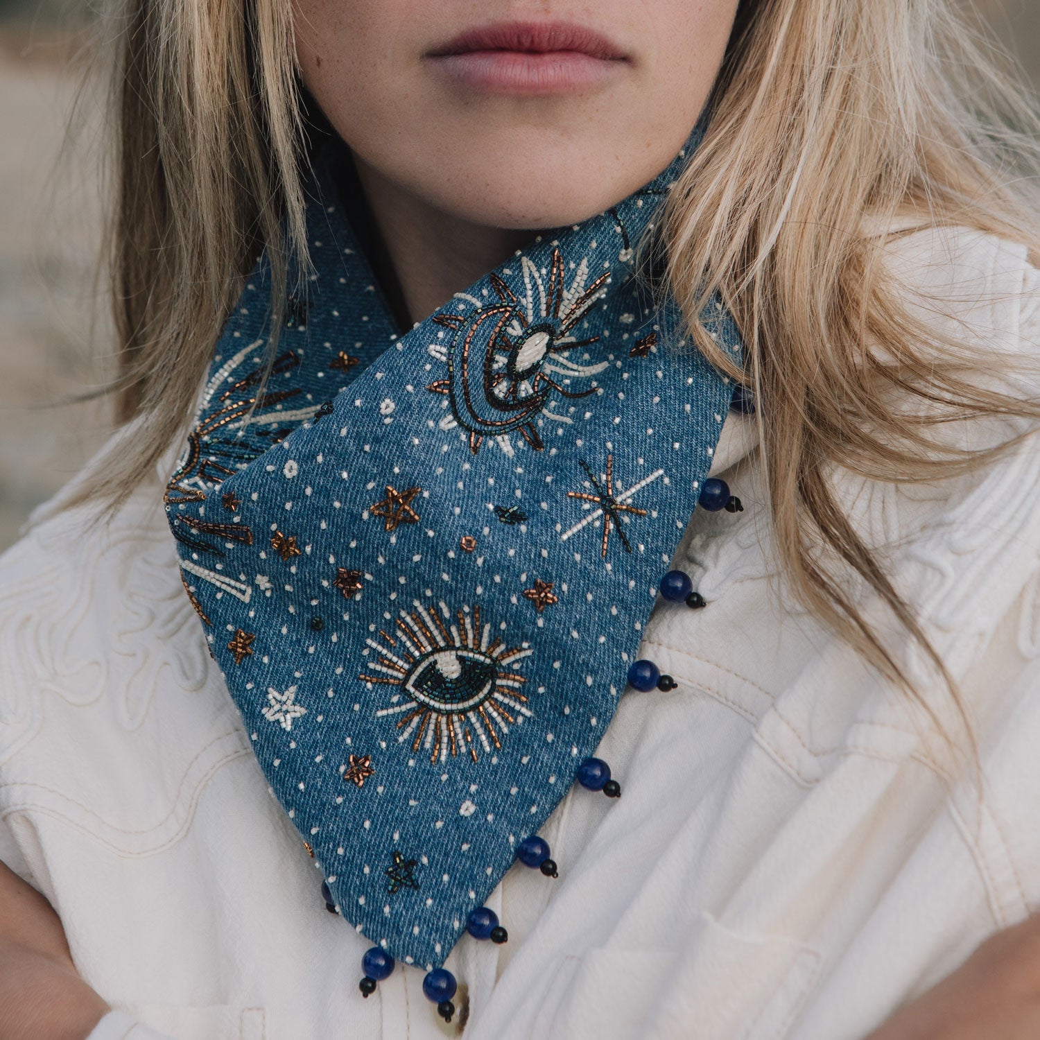 Denim Bead Embroidered Bandana Styled on Model