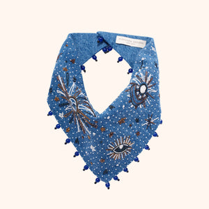 Denim Beaded and Embroidered Bandana on Flat Tan Background