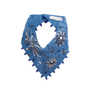 Denim Beaded and Embroidered Bandana on Flat White Background