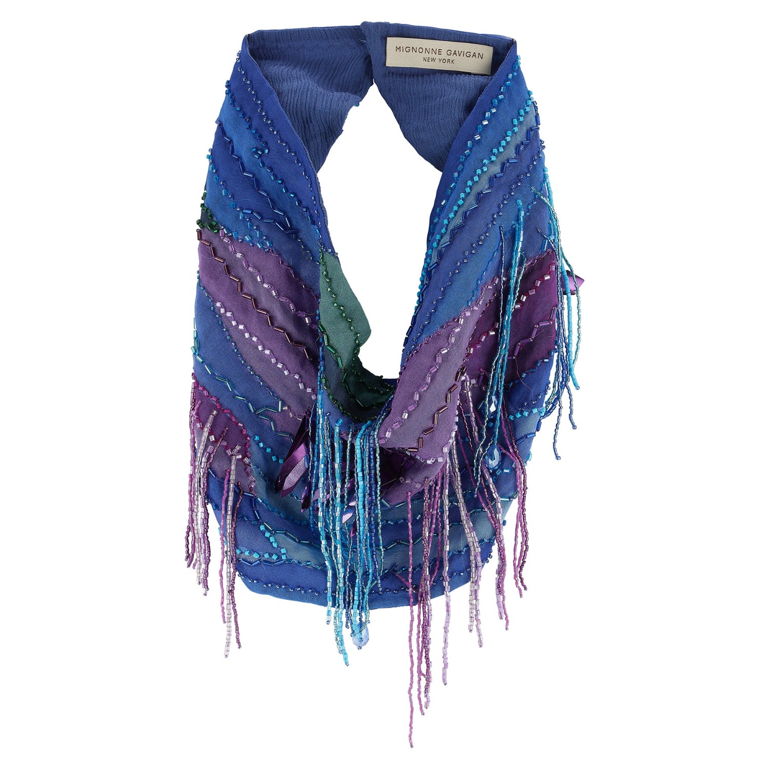 Blue patterned, beaded and embroidered scarf necklace featuring colorful pink and purple details on white