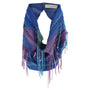 Blue patterned, beaded and embroidered scarf necklace featuring colorful pink and purple details on white