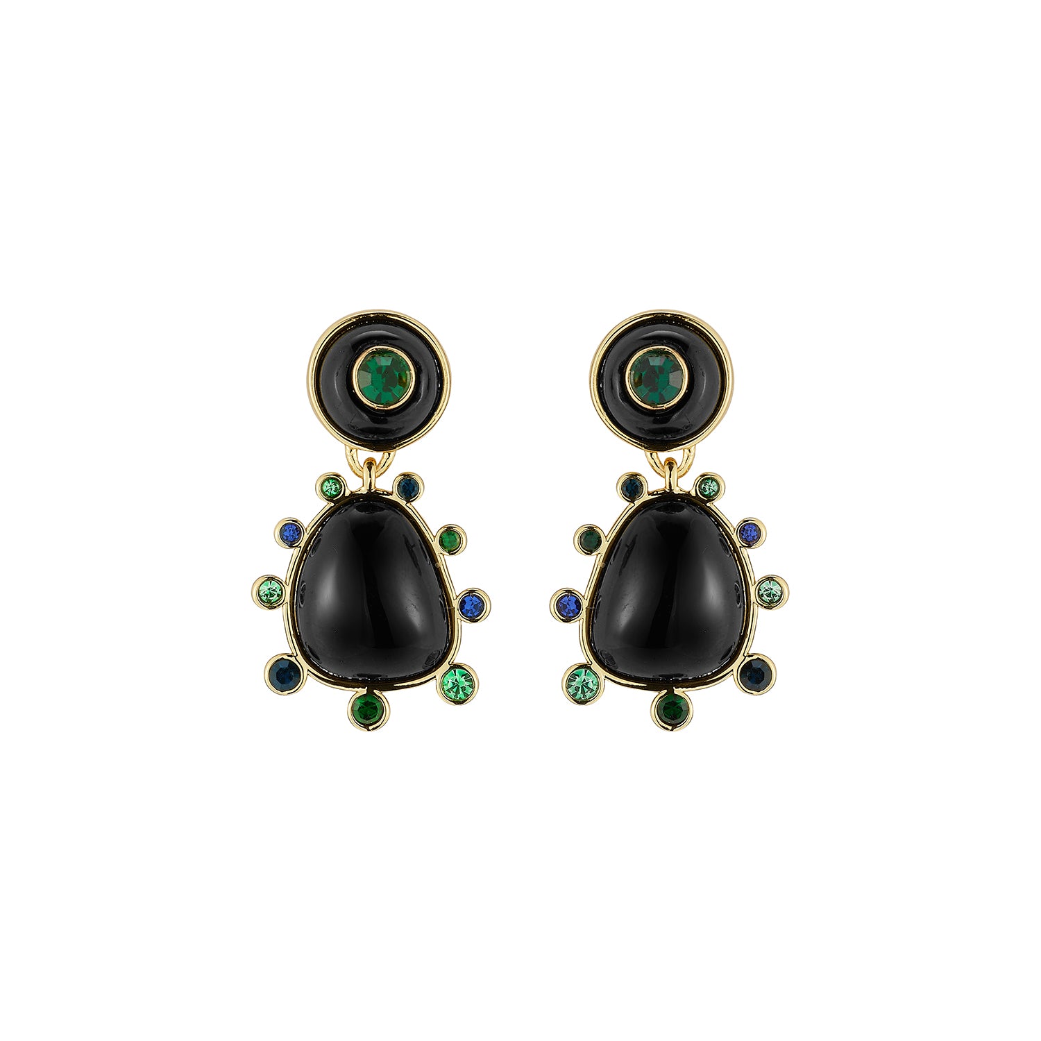 Semi Precious Black Onyx, Statement Earrings with Green and Blue Cubic Zirconia embellished drop dangle statement earrings with gold hardware on white 