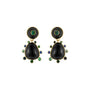 Semi Precious Black Onyx, Statement Earrings with Green and Blue Cubic Zirconia embellished drop dangle statement earrings with gold hardware on white 
