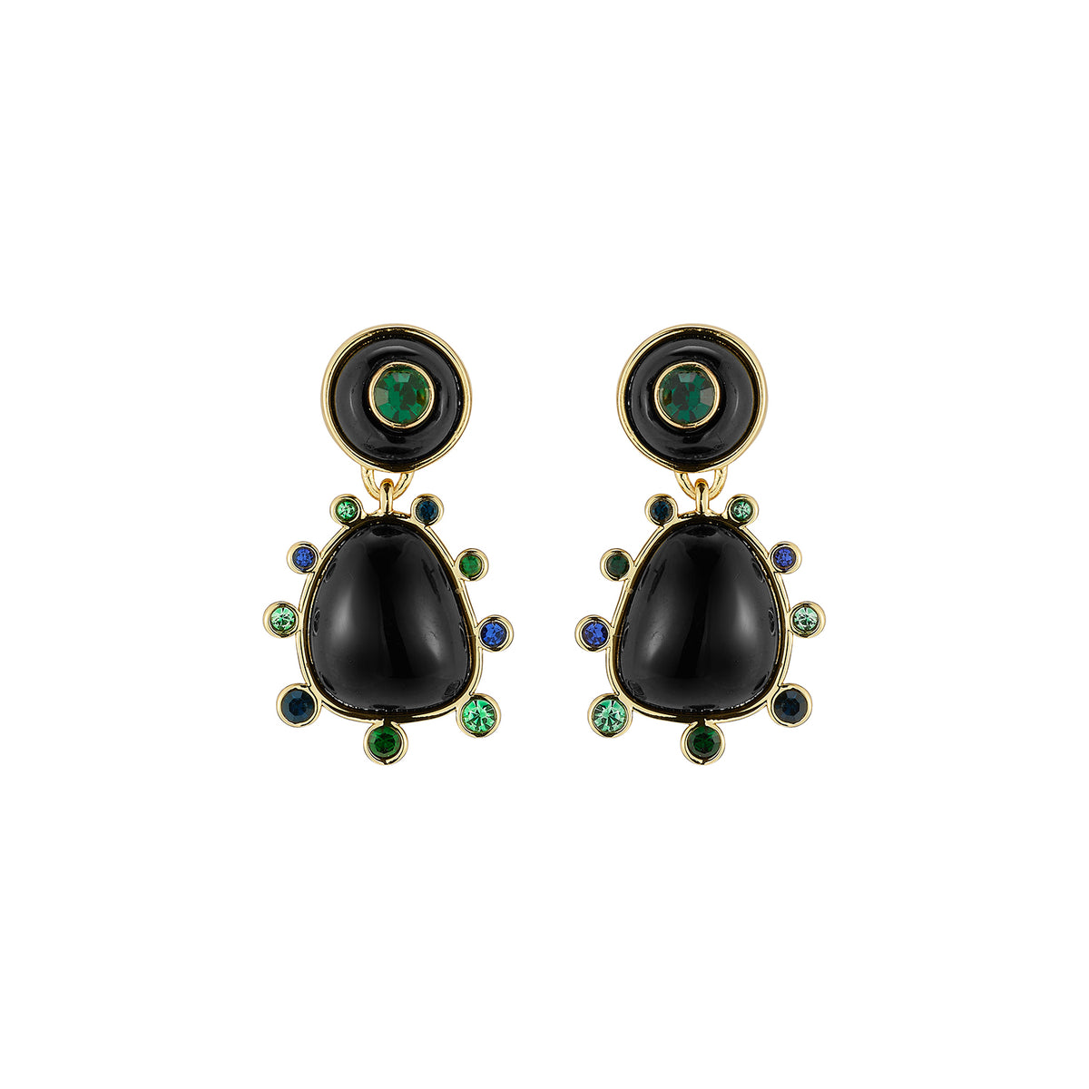Semi Precious Black Onyx, Statement Earrings with Green and Blue Cubic Zirconia embellished drop dangle statement earrings with gold hardware on white 