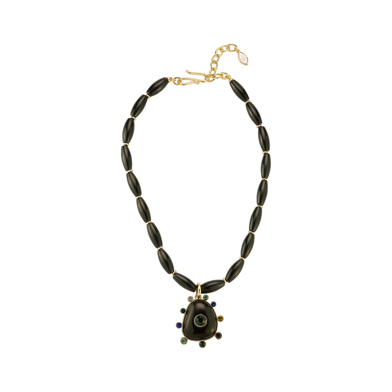 Black beaded necklace featuring a gold-tone Semi Precious Black Onyx pendant with green, navy, blue and clear accents on white