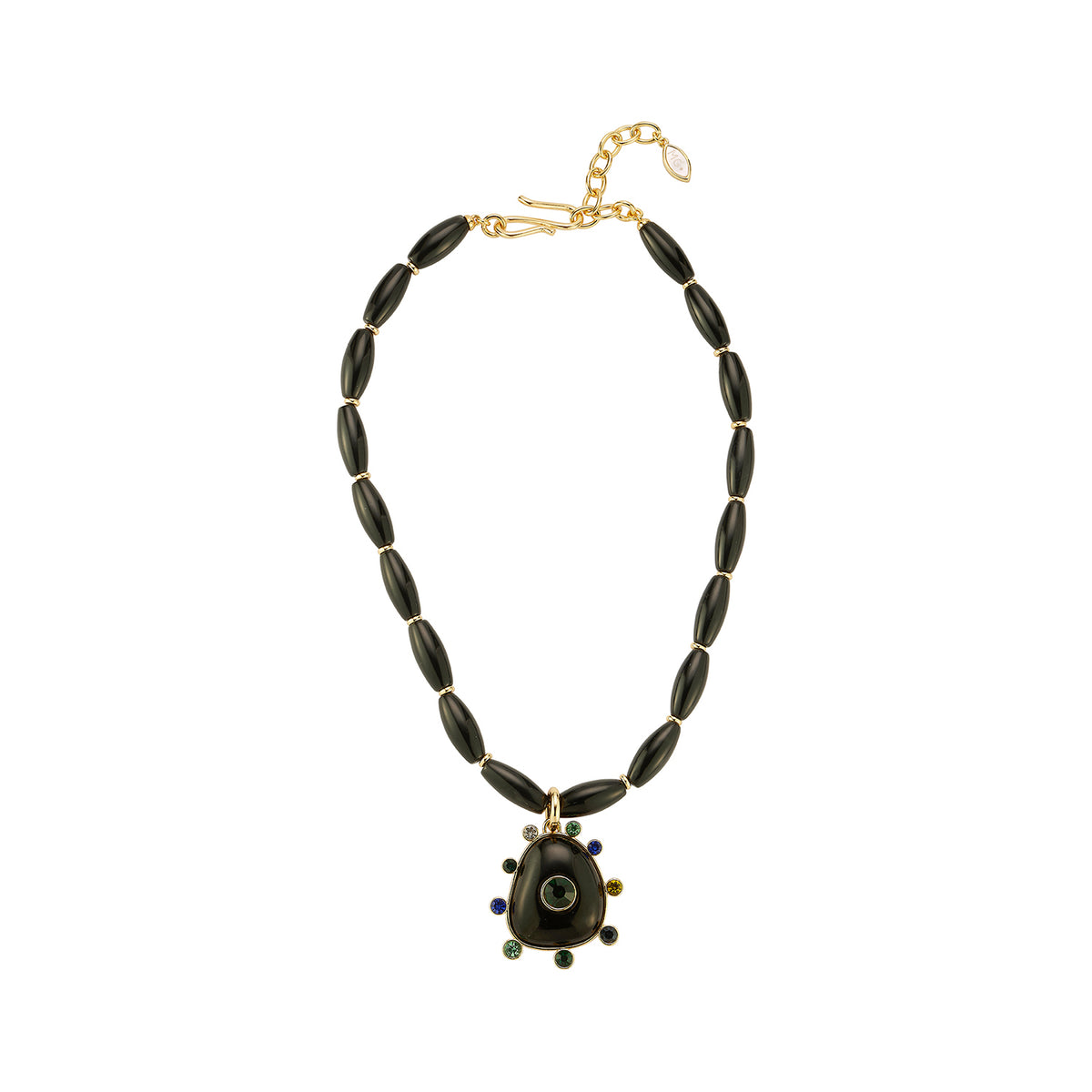 Black beaded necklace featuring a gold-tone Semi Precious Black Onyx pendant with green, navy, blue and clear accents on white