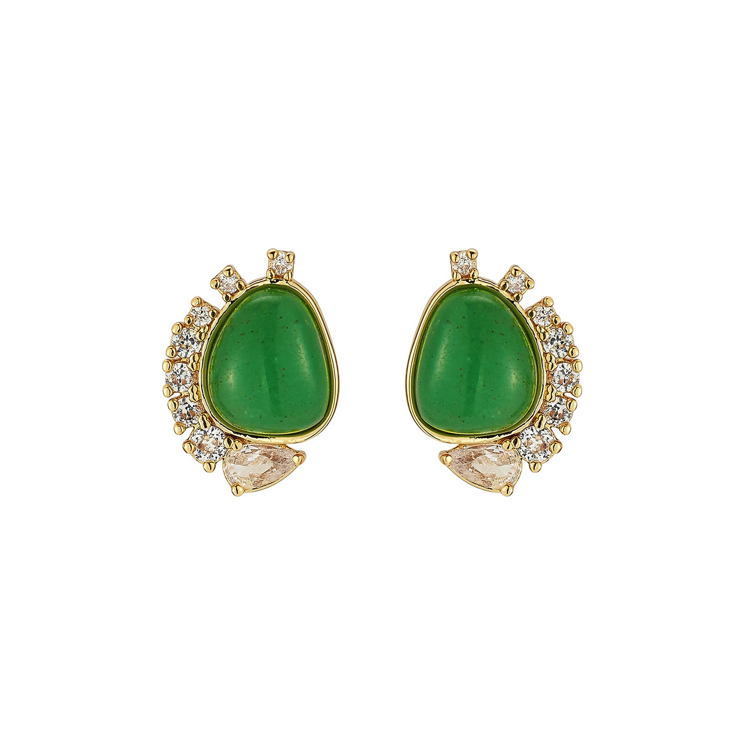 Green Stone Stud Earrings with crystal Embellishments on white 