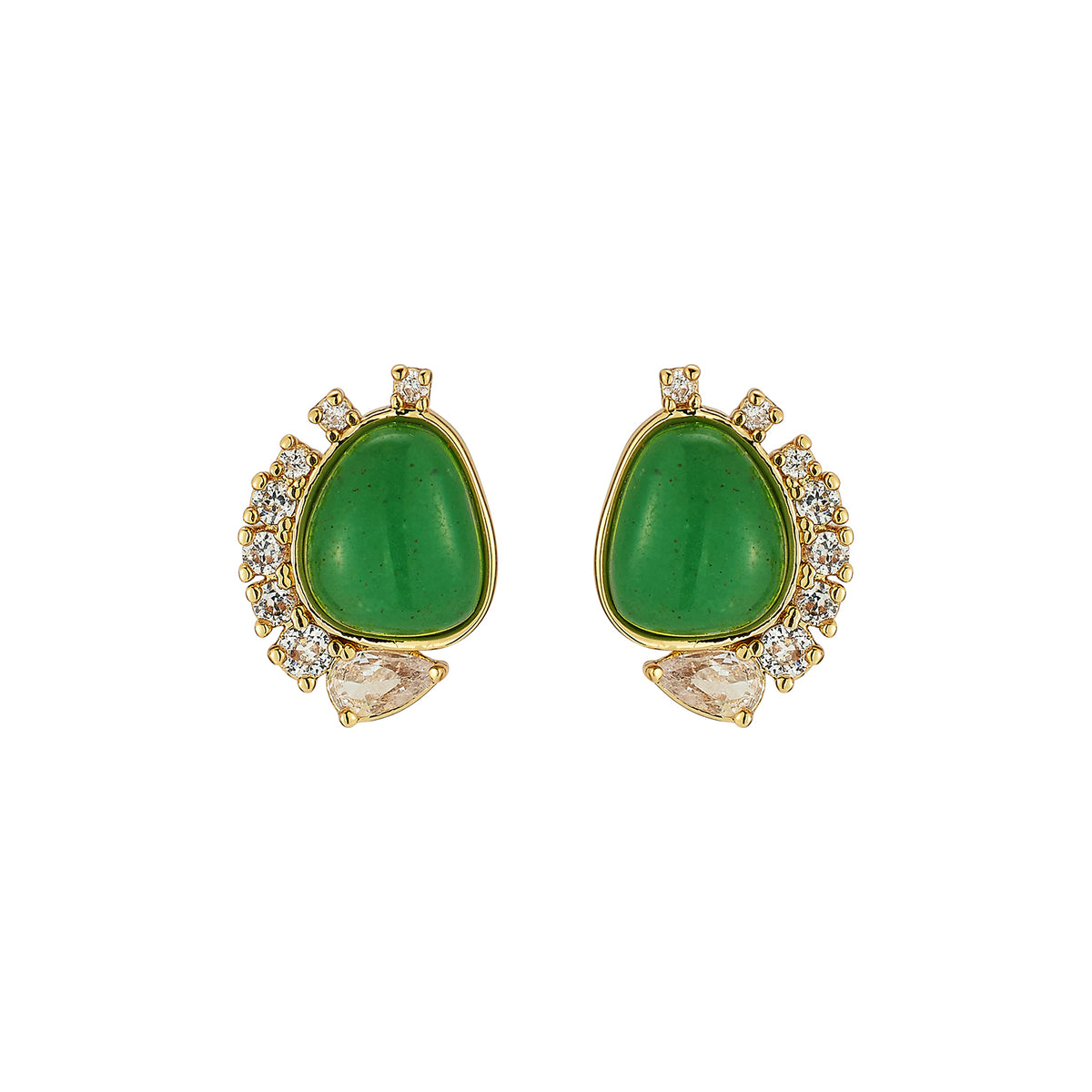 Green Stone Stud Earrings with crystal Embellishments on white 