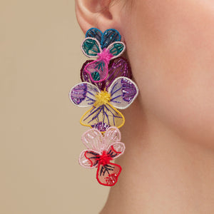Embroidered and Beaded Flower Drop Statement Earrings on Model's Ear