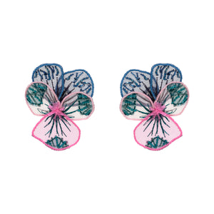 Embroidered Pink Blue and Green Flower Stud Earrings On Flat White Background