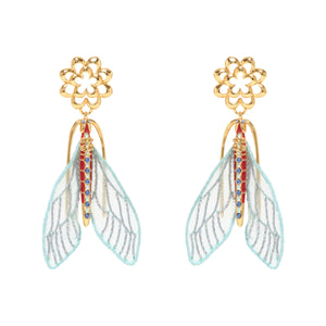 Mint Light Blue Moth Drop Earrings with Gold and Enamel and Crystal Accents on Flat White Background