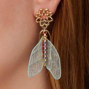 Blue Organza and Embroidery with Red Enamel and Blue Crystals Moth Drop Earrings on Models Ear