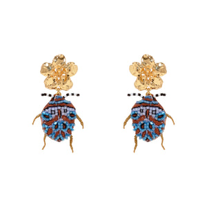 Beaded Bug and Gold Flower Double Drop Earrings on White Background