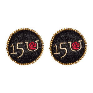 Black Embroidered Stud Earrings with Gold Beads on Flat White Background