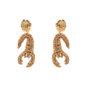 Embroidered and Beaded Gold Scorpion Drop Earrings on Flat White Background