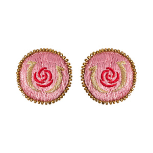 Pink, Gold, and Red Beaded and Embroidered Stud Earrings on Flat White Background